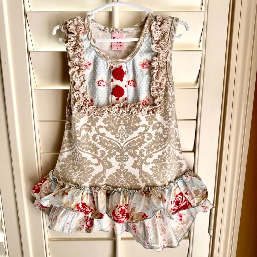 Giggle Moon Love Joy Laughter Tunic/Dress Girls 6 Floral Damask Ruffle Boutique